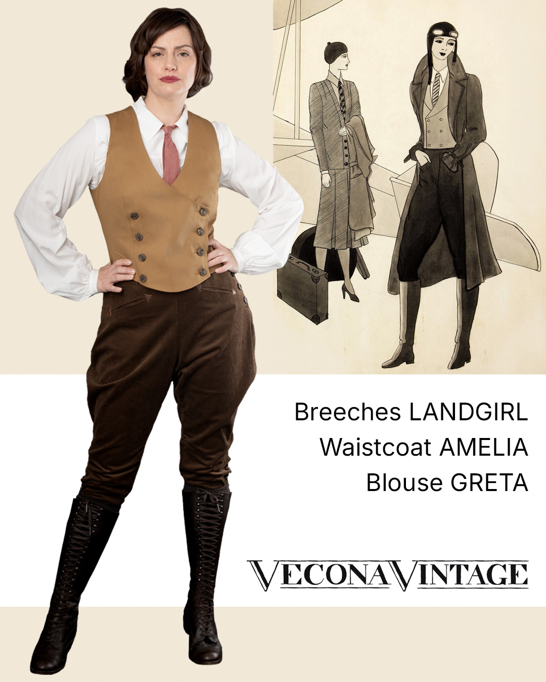 1940s women’s corduroy breeches LANDGIRL paired with a cream white blouse GRETA and the double breasted waistcoat AMELIA made from caramel brown cotton gabardine.