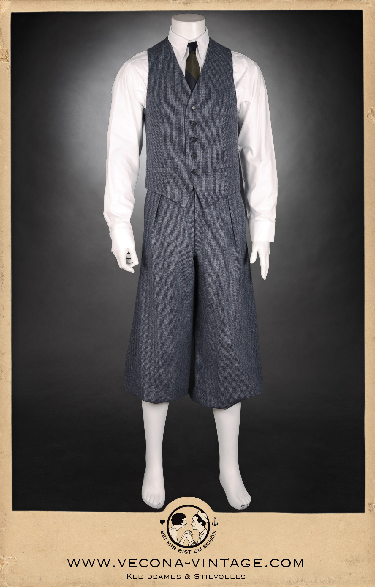 Front view of the authentic hickory golf outfit featuring the HICKORY CHAMP tweed waistcoat and matching knickerbockers in blue-grey.