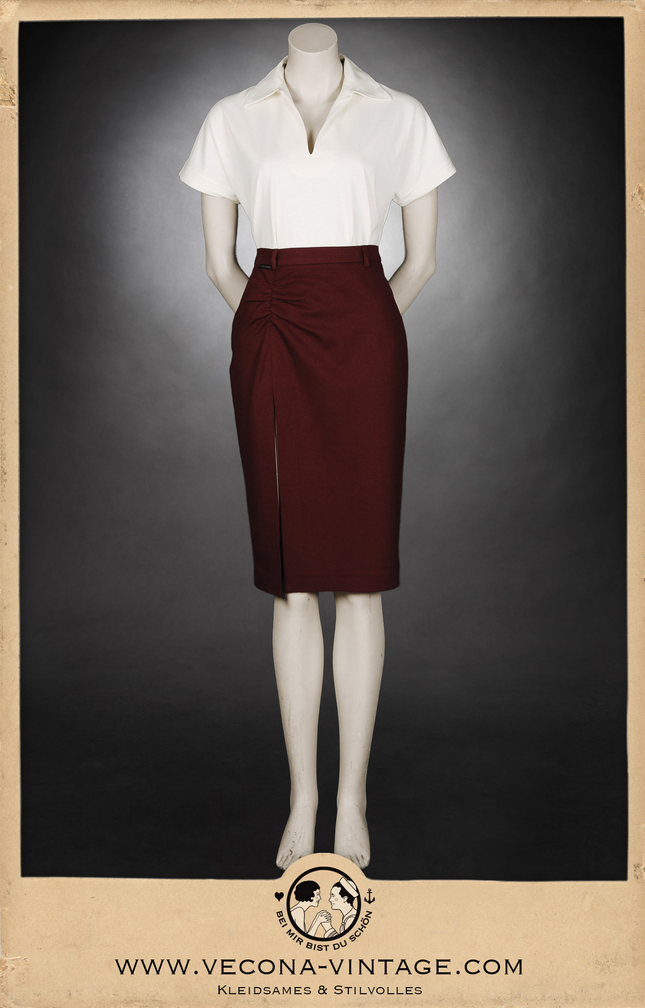 Front view 1930s women’s polo shirt Suzanne in cream with 1940s high waist pencil skirt Apache in wine red for a classic vintage look with lots of freedom of movement.