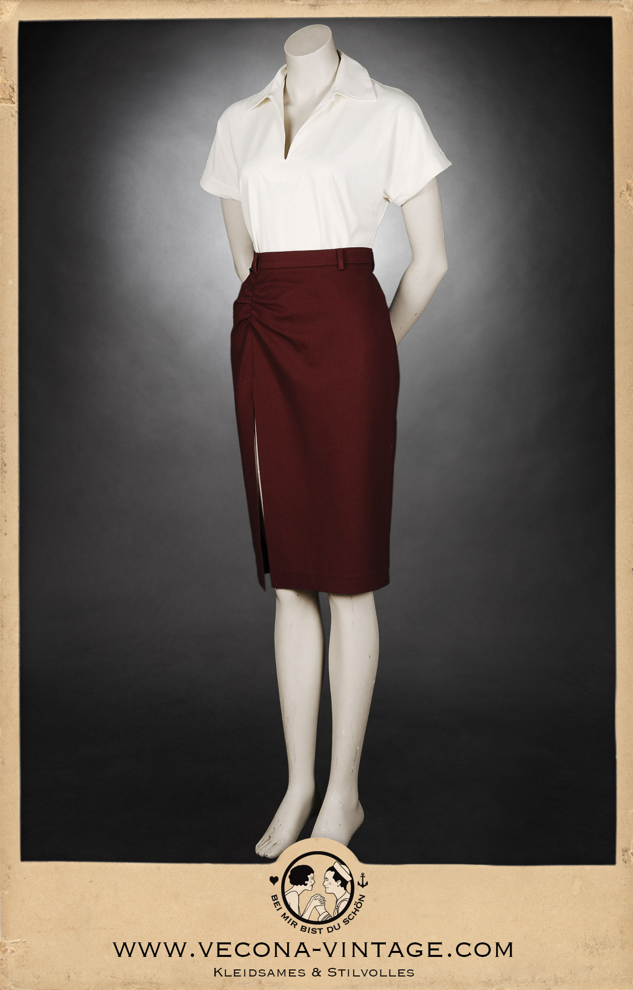 Side view 1930s women’s polo shirt Suzanne in cream with 1940s high waist pencil skirt Apache in burgundy for a classic vintage look for dancing at the secret blues party.