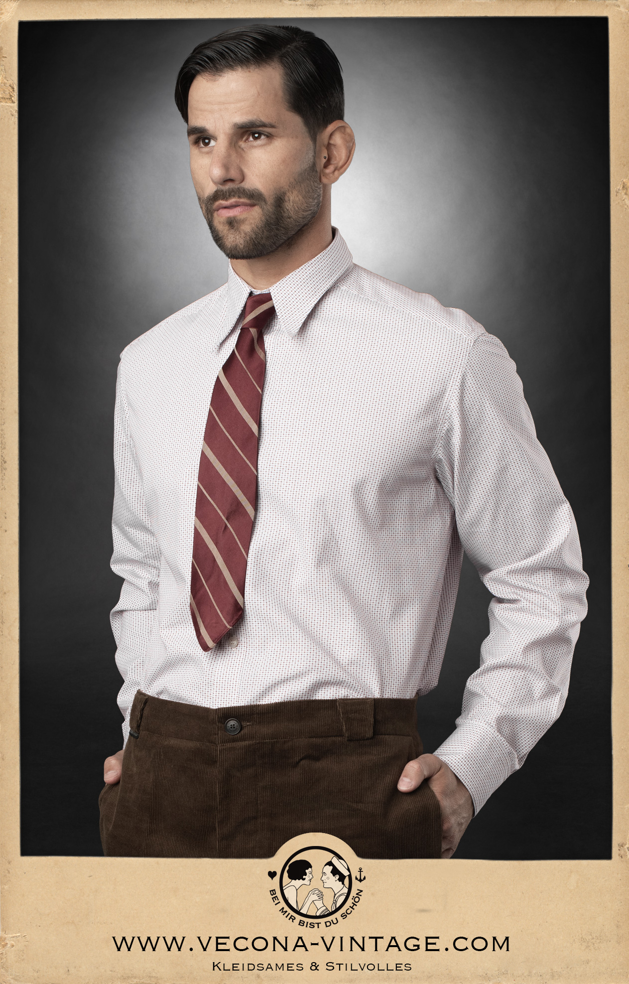 1930s/40s spearpoint collar mens shirt Brick Lane in white and burgundy checkered weave.