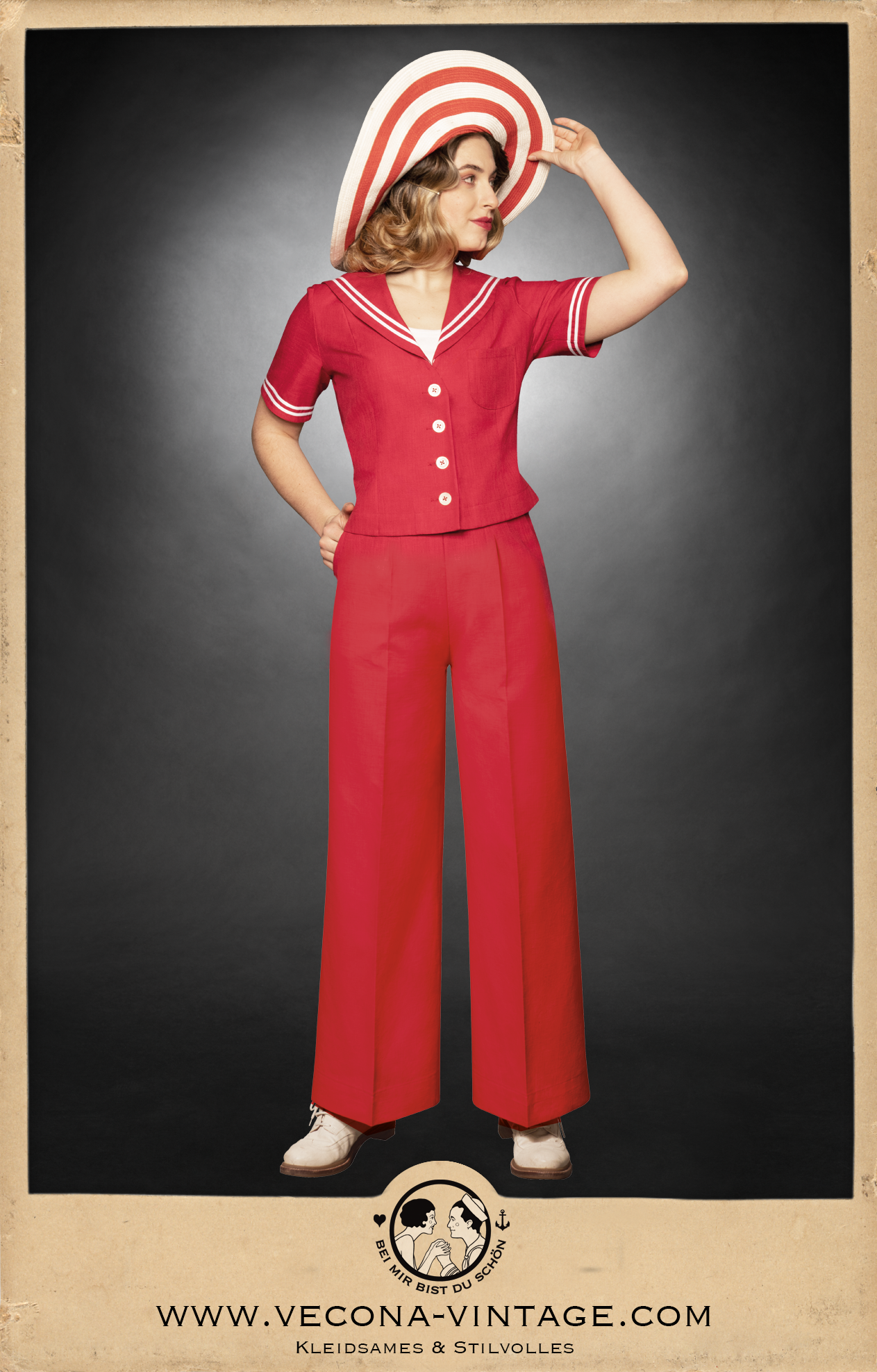 Marlenehose - Marlene Pants, Leinenmischgewebe - Linen blend, rot - red, mit Sailor Top - with Sailor top