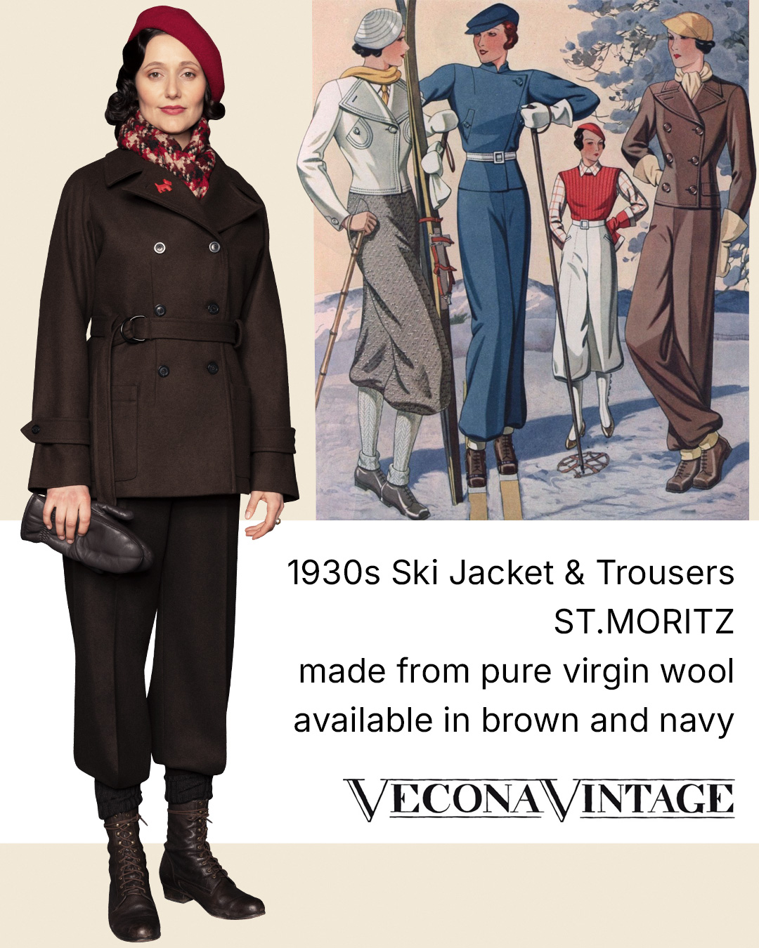 1920s–1940s Ski Suit ST.MORITZ in chocolate brown made from pure new wool with full lining