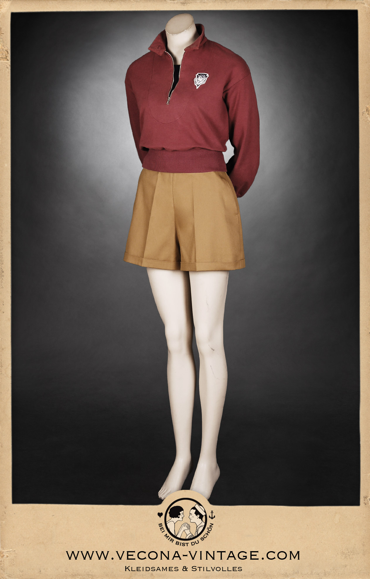 Authentische 1930er Jahre Damen-Shorts in Khaki; weite Beinsilhouette perfekt für Strand, Sport und sommerliche Abenteuer im Retro-Look.