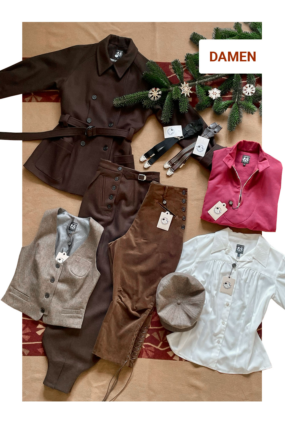 Vecona Vintage Damenmode: Brauner Mantel, High Waist Hose, karierte Weste, weiße Bluse und Hosenträger im 30er 40er Jahre Retro-Stil