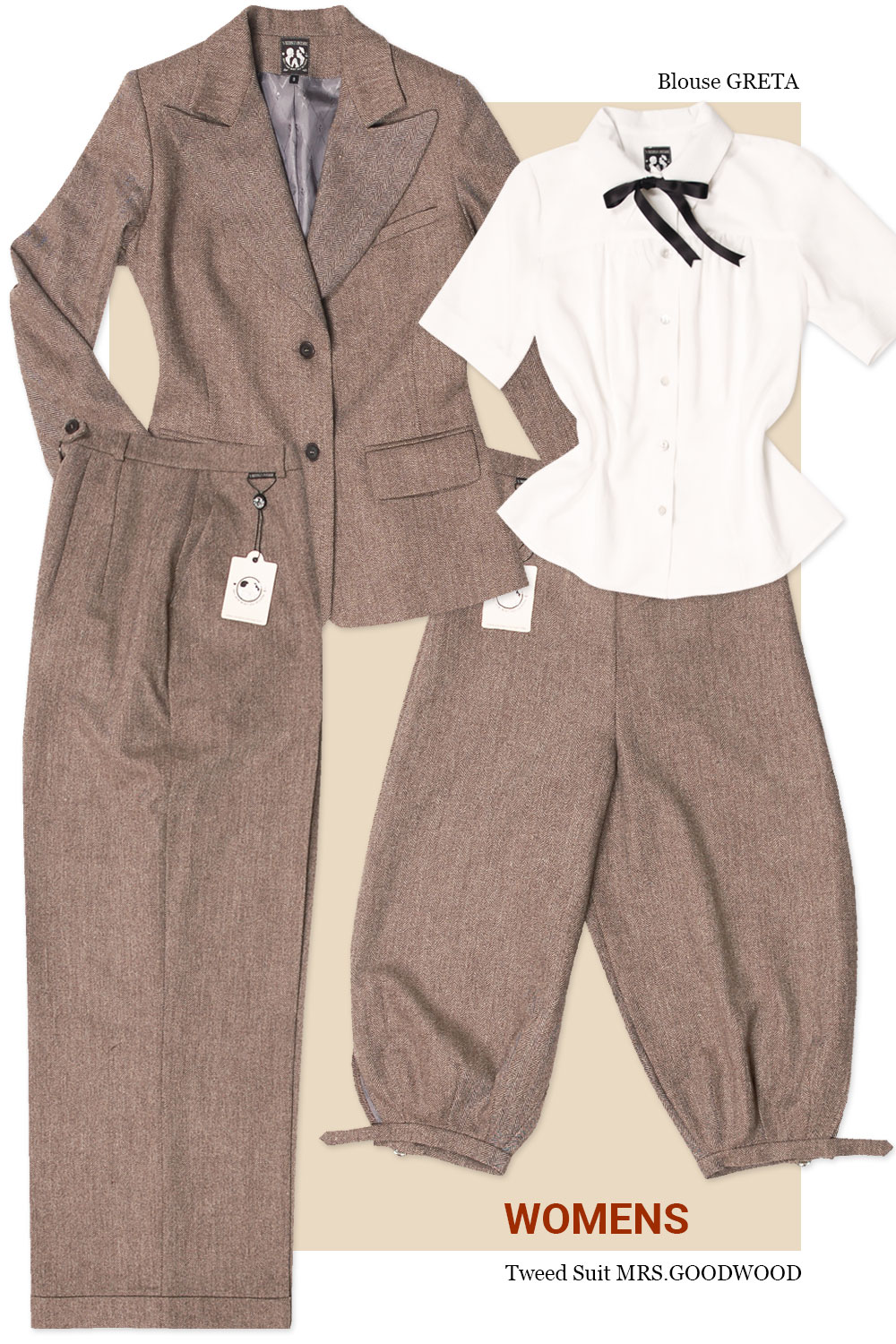 Vecona Vintage women's 1920s style suit: Brown merino wool tweed blazer with matching trousers, plus fours, and cream viscose blouse Greta.