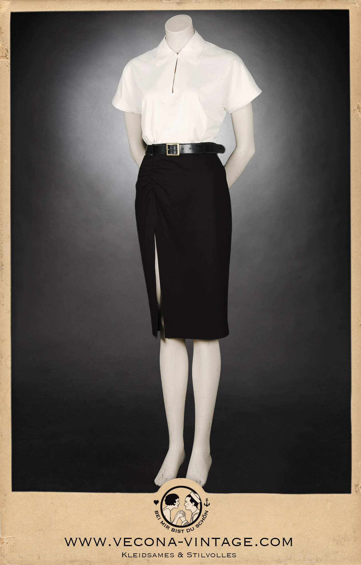 Side view 1930s women’s polo shirt Suzanne in cream with 1940s high waist pencil skirt Apache in black for a classic vintage look for dancing at the secret blues party.