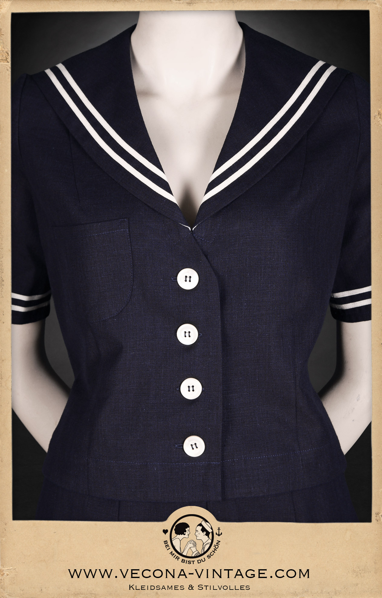 1930/40s style cotton linen sailor top High Tide in navy blue and off-white ribbon trimming with sailor collar and mother-of-pearl buttons, front view