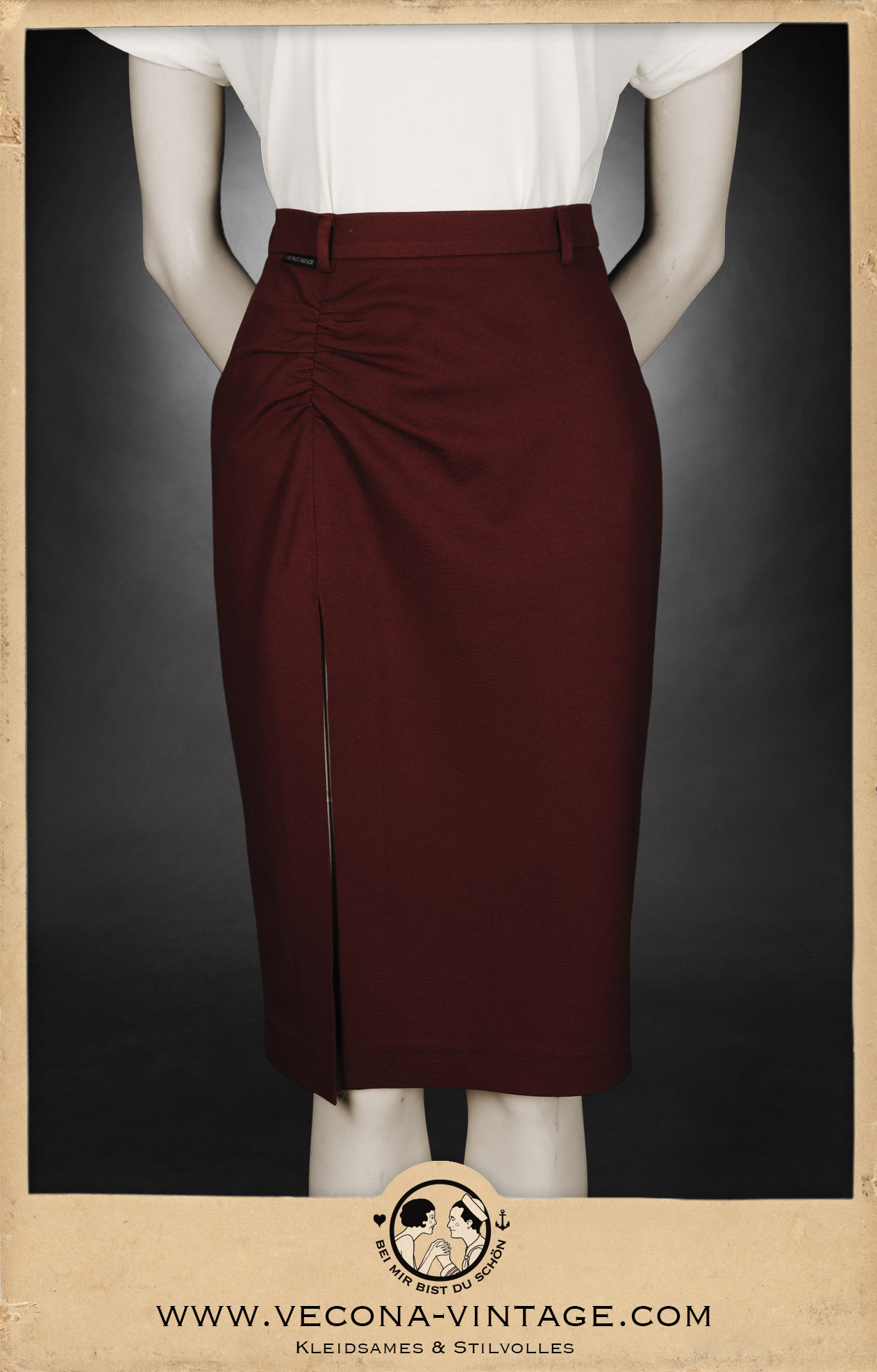 1940s high waist pencil skirt Apache dark red stretch jersey with high slit front view ´