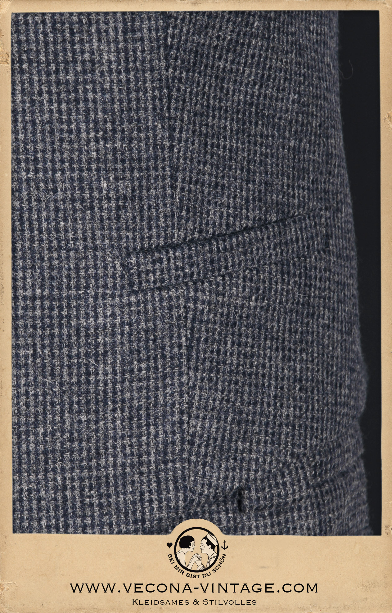 Close-up of the elegant welt pockets on the 1920s style HICKORY CHAMP men's tweed waistcoat in blue-grey houndstooth.