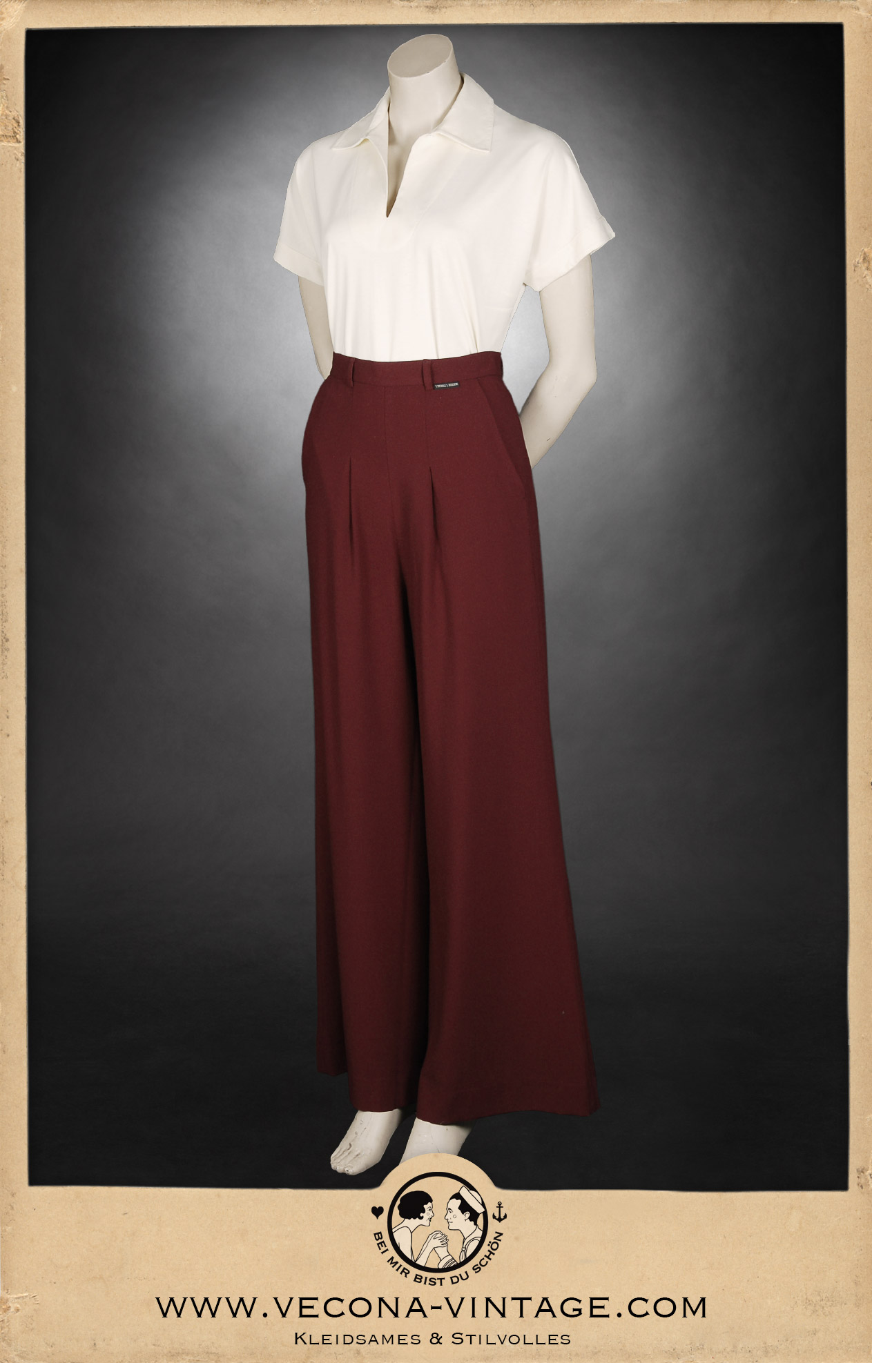 1930s Women’s summer vintage outfit consists of beach pajama palazzo pants Boardwalk Bonnie in deep wine and a cream white cotton polo shirt. Front view with open collar.