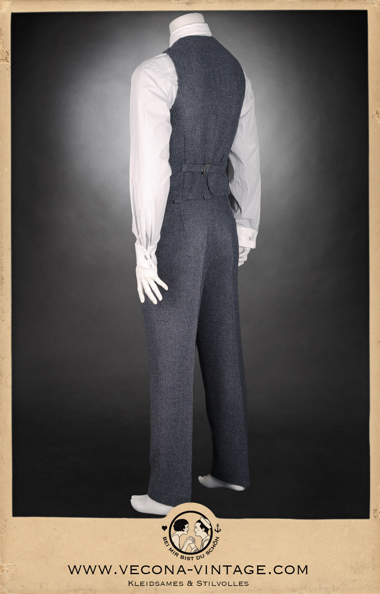 Back view of the HICKORY CHAMP tweed ensemble comprising waistcoat and long trousers, displaying the classic cut and fit.