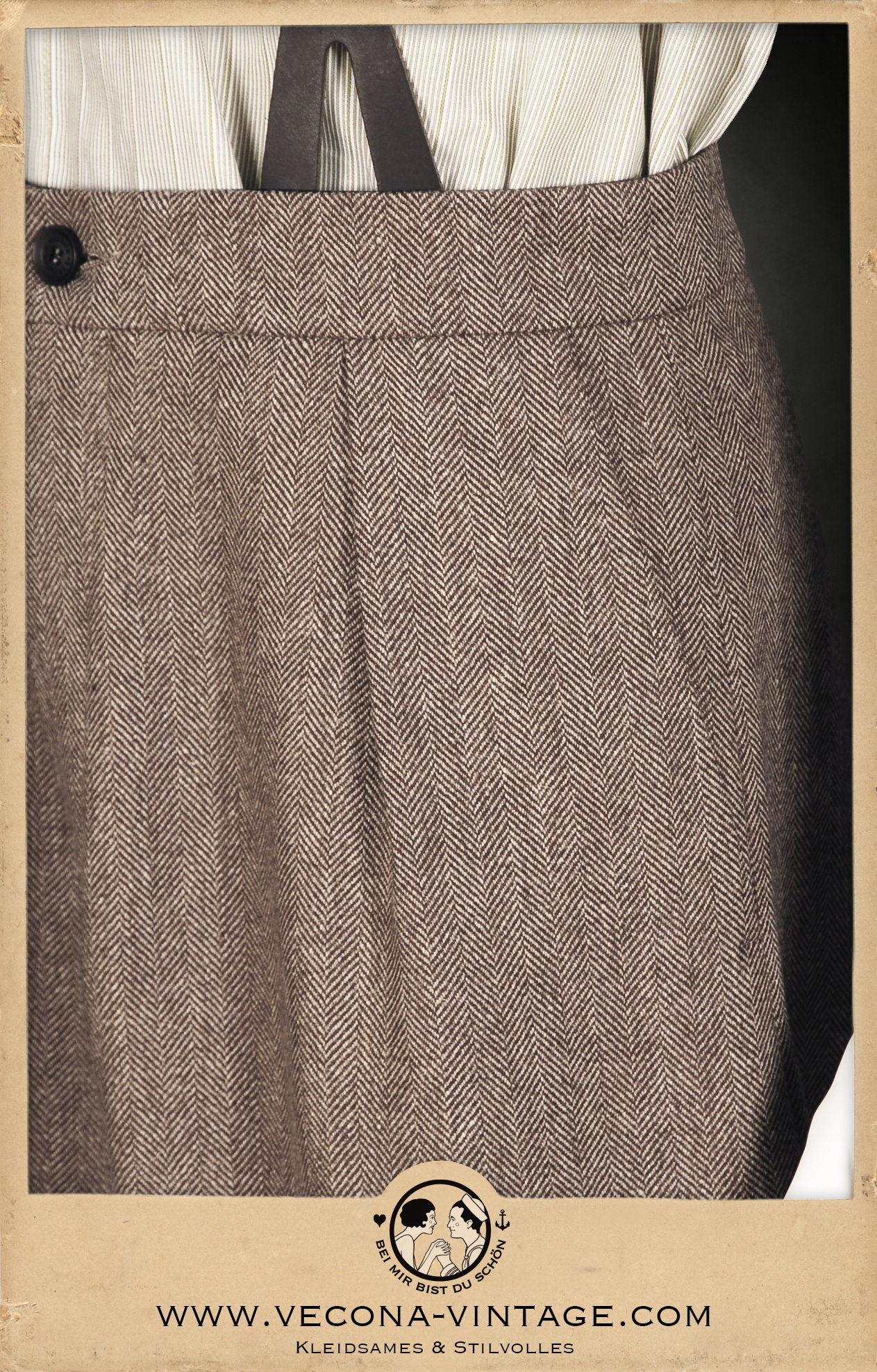 1920er 1930er Knickerbocker aus brauner Merinowolle - 1920s 1930s Brown Merino wool plus fours, Detail Gürtelschlaufen mit Tascheneingriff - belt loop detail with pocket
