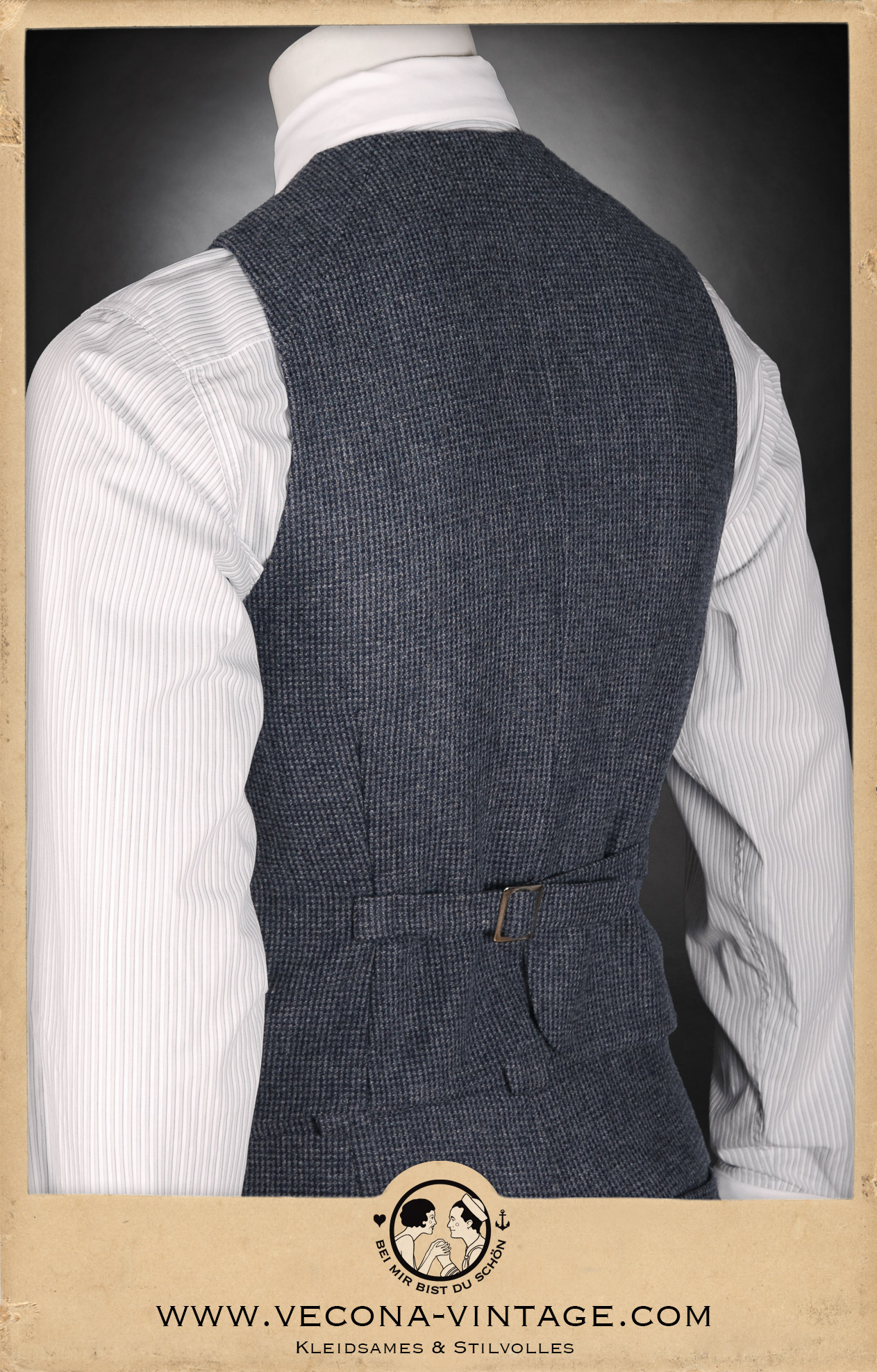 Back view of the HICKORY CHAMP vintage waistcoat featuring an adjustable cinch back for a tailored fit.