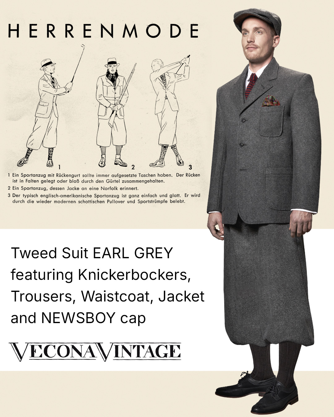 1930s/40s EARL GREY men’s tweed suit consisting of belt back jacket and knickerbockers made from pure new wool paired with a matching cap NEWSBOY