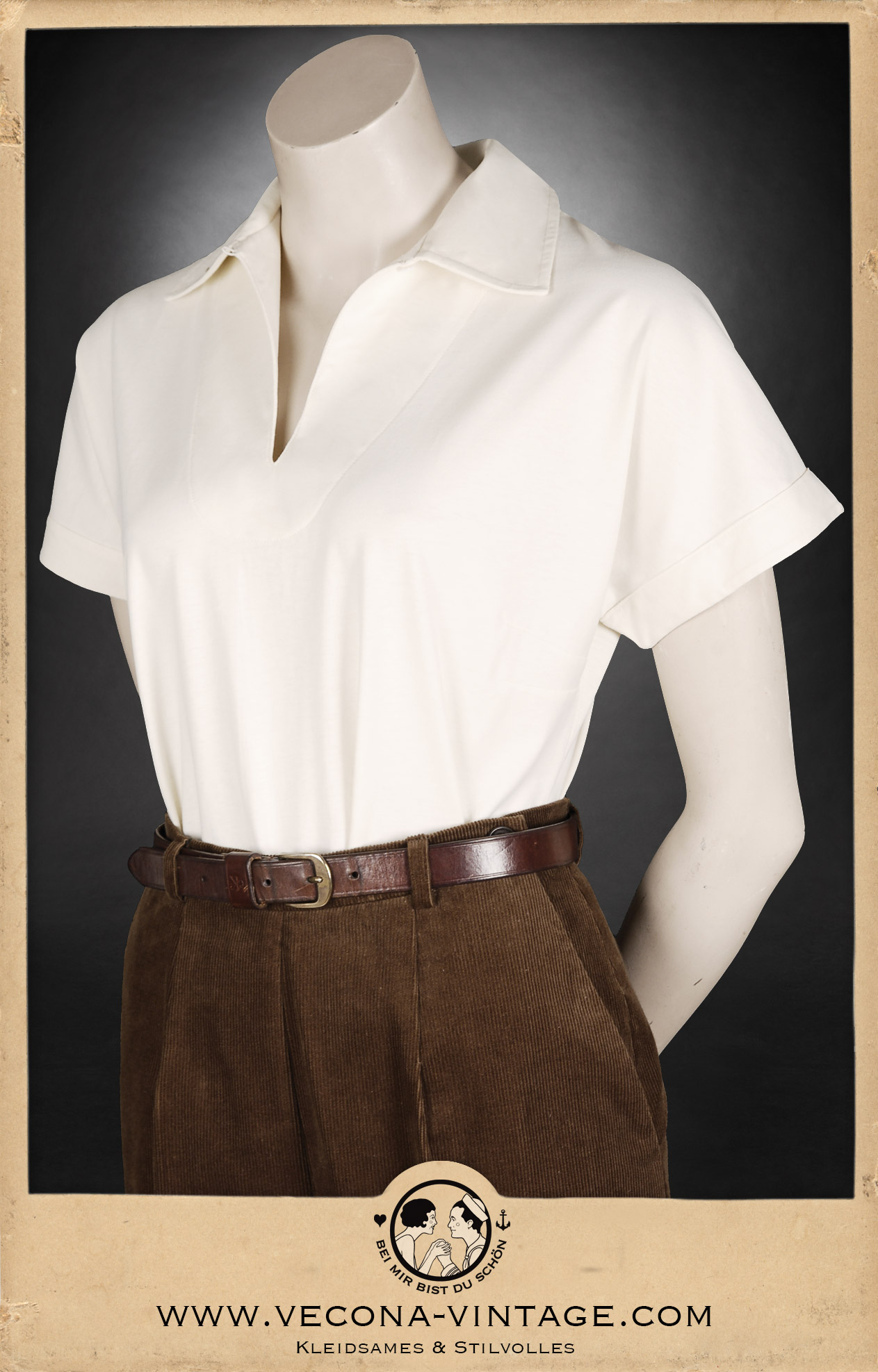 1940s vintage women's outfit consisting high waisted and tapered corduroy trousers and a cream white polo shirt, all made from 100% cotton, closer view of the shirt