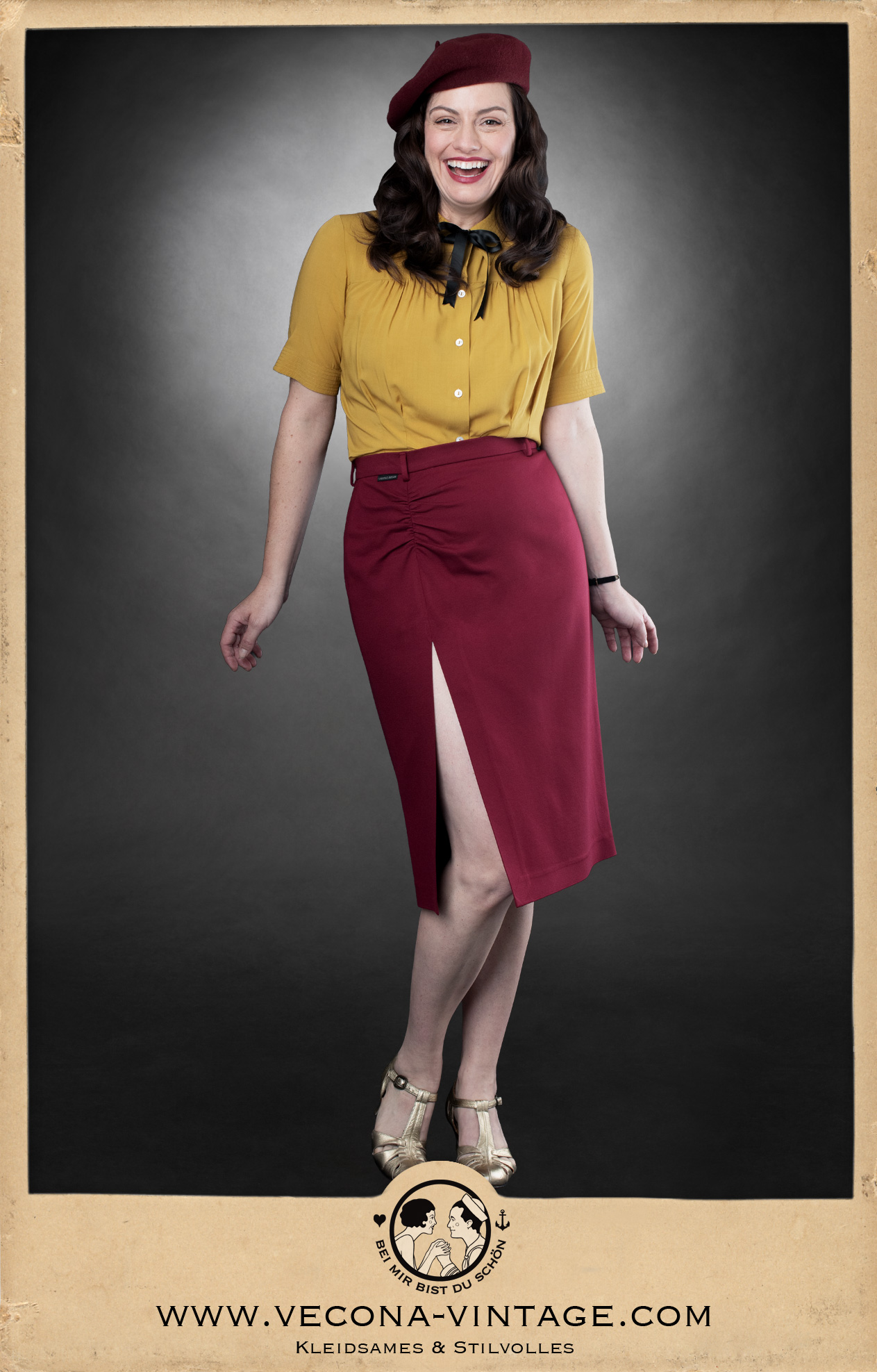 1940s pencil skirt Apache in burgundy with high side slit for swing dancing, Balboa and Tango.