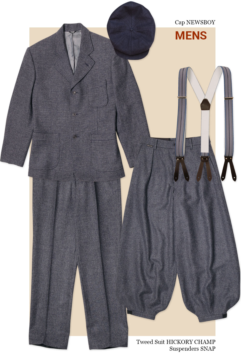 Vecona Vintage men's 1920s-1940s tweed suit Hickory Champ: Blue herringbone wool jacket with trousers, knickerbockers, striped suspenders, and newsboy cap.