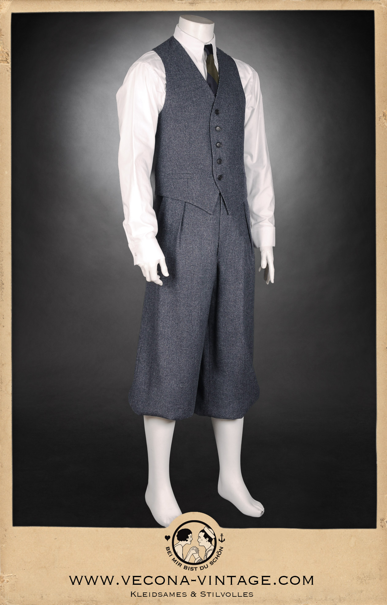 Side view of the authentic hickory golf outfit featuring the HICKORY CHAMP tweed waistcoat and matching knickerbockers in blue-grey.
