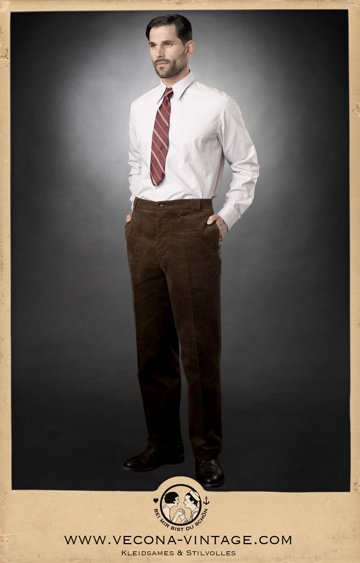 1930s/40s spearpoint collar mens shirt Brick Lane in burgundy checkered weave paired with brown corduroy trousers Kurt
