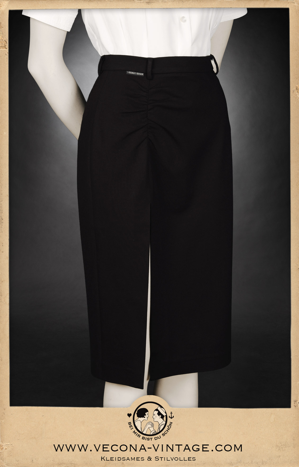 1940s high waist pencil skirt Apache black stretch jersey with high slit front view ´