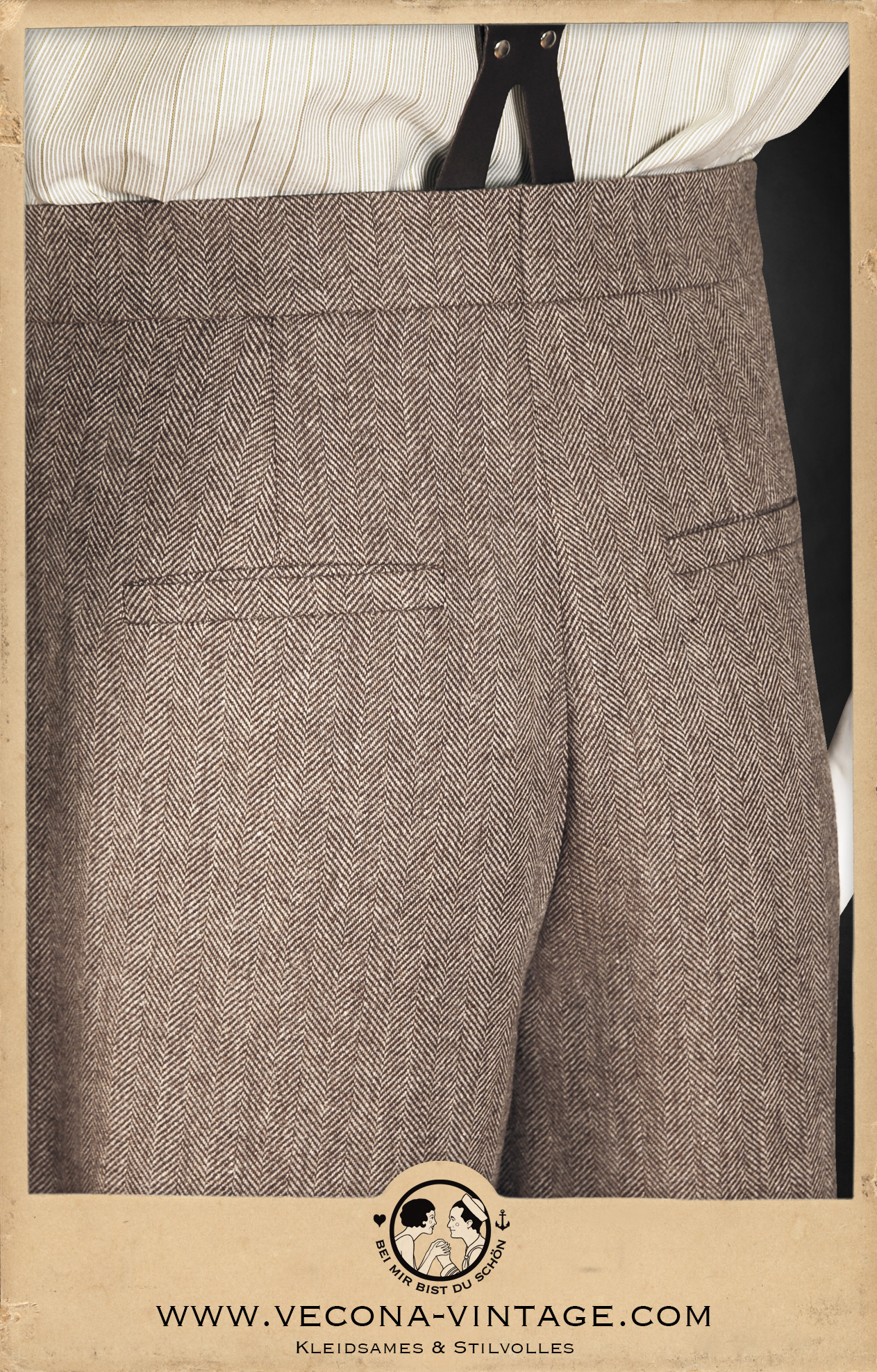 1920er 1930er Bundfaltenhose aus brauner Merinowolle - 1920s 1930s Brown Merino wool pleated trousers, Detail geteilter Bund mit Gürtelschlaufen - Split waistband detail with belt loops