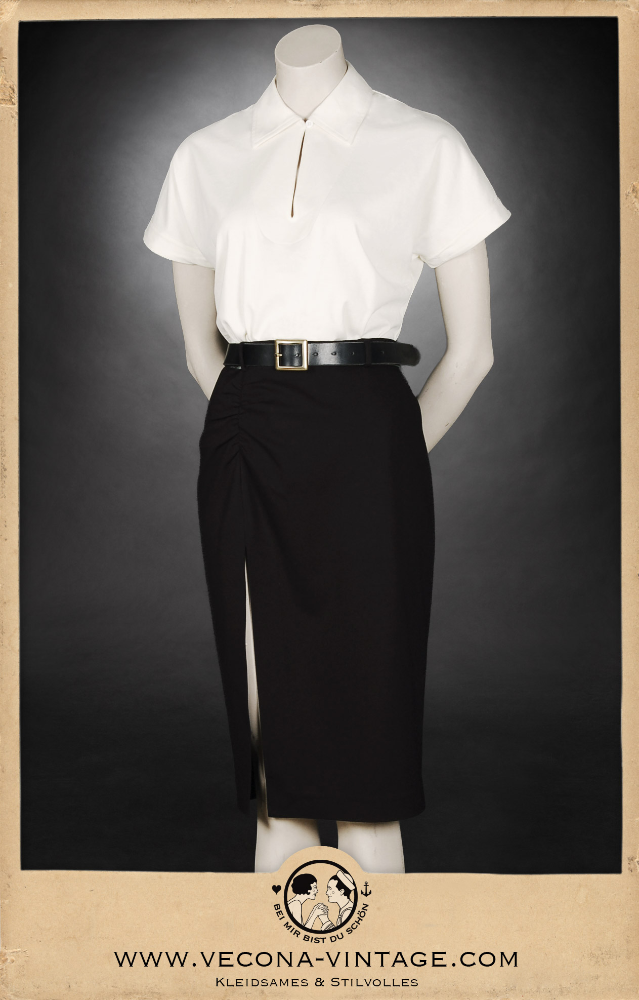 Close-up 1930s women’s polo shirt Suzanne in cream with 1940s high waist pencil skirt Apache in black for a night out at the jazz club.