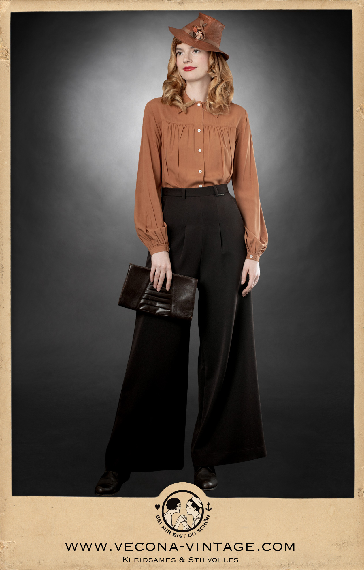1930s pajama pants Boardwalk Bonnie in chocolate brown paired with blouse Greta in rust.