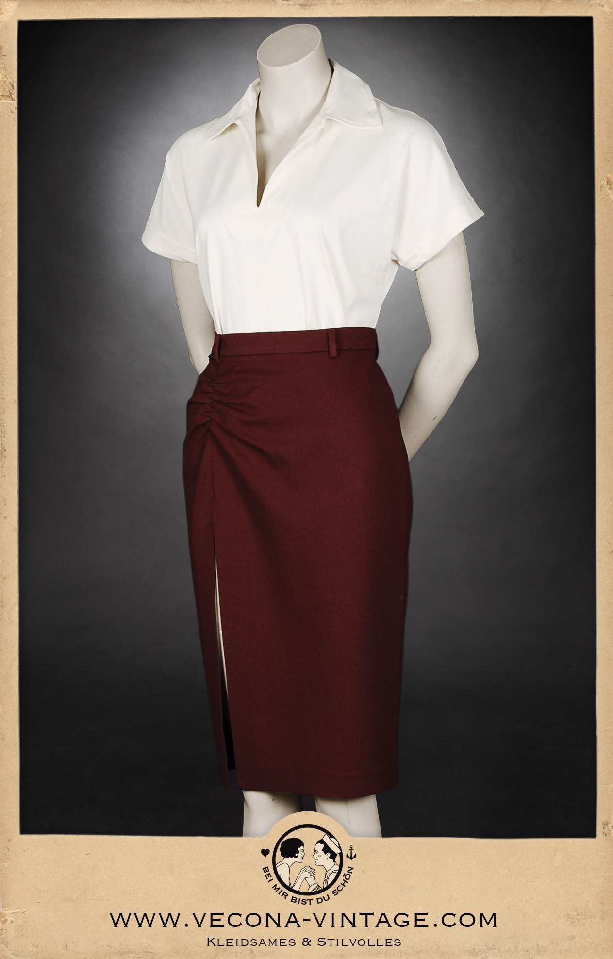 Close-up 1930s women’s polo shirt Suzanne in cream with 1940s high waist pencil skirt Apache in dark red for a night out at the jazz club.