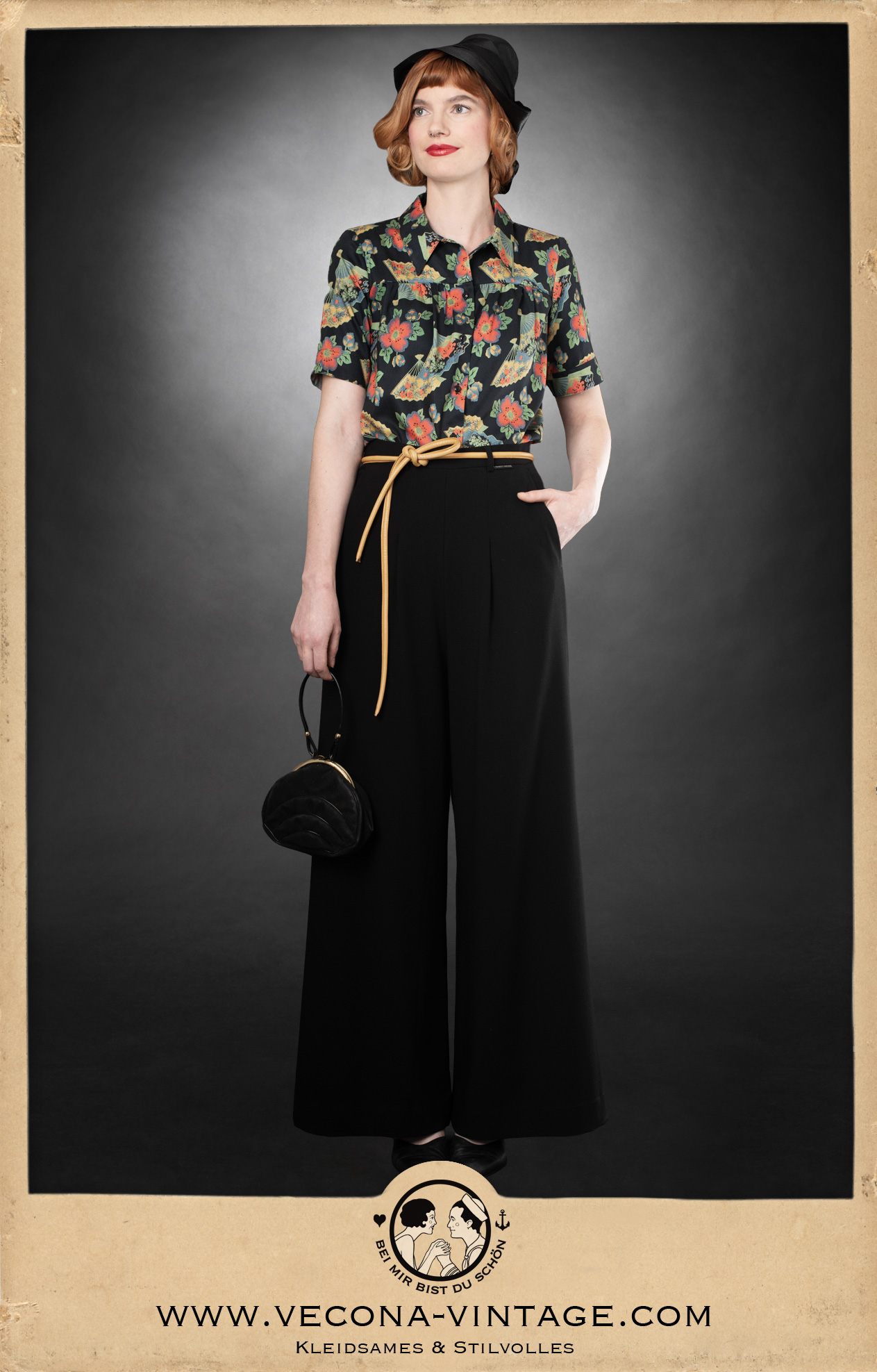 1930s pajama pants Boardwalk Bonnie in black with blouse Deco Dream