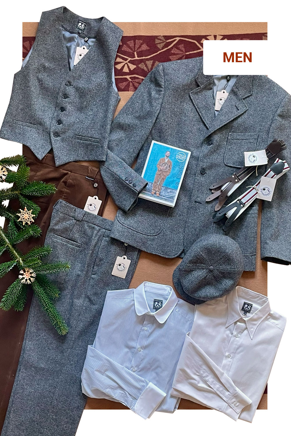 Vecona Vintage gift ideas for men: Original Vintage fashion 1920s to 40s featuring a Tweed jacket, corduroy trousers, suspenders, and Newsboy cap.