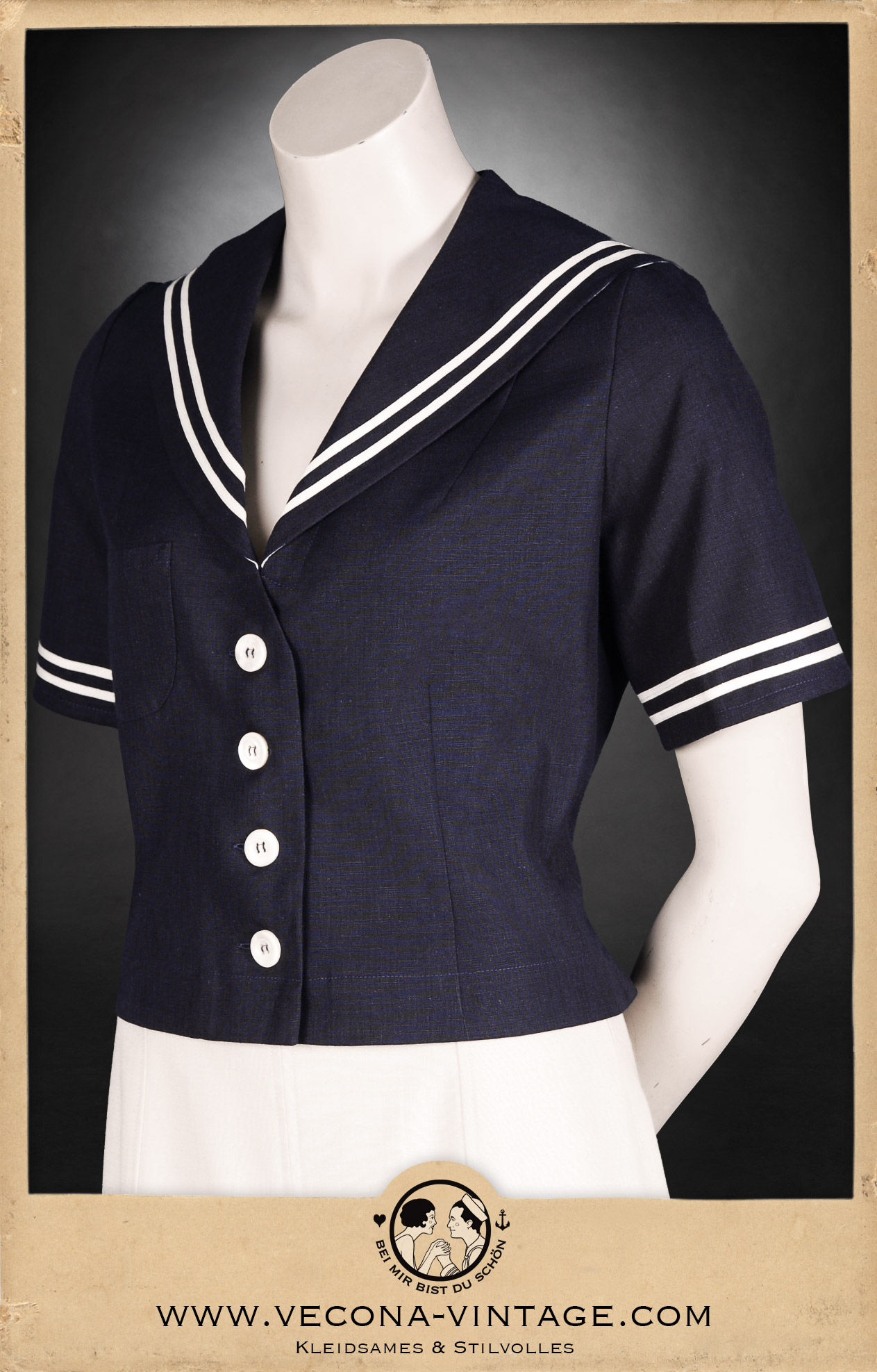 1930/40s style cotton linen sailor top High Tide in navy blue and off-white ribbon trimming with sailor collar and mother-of-pearl buttons, side view