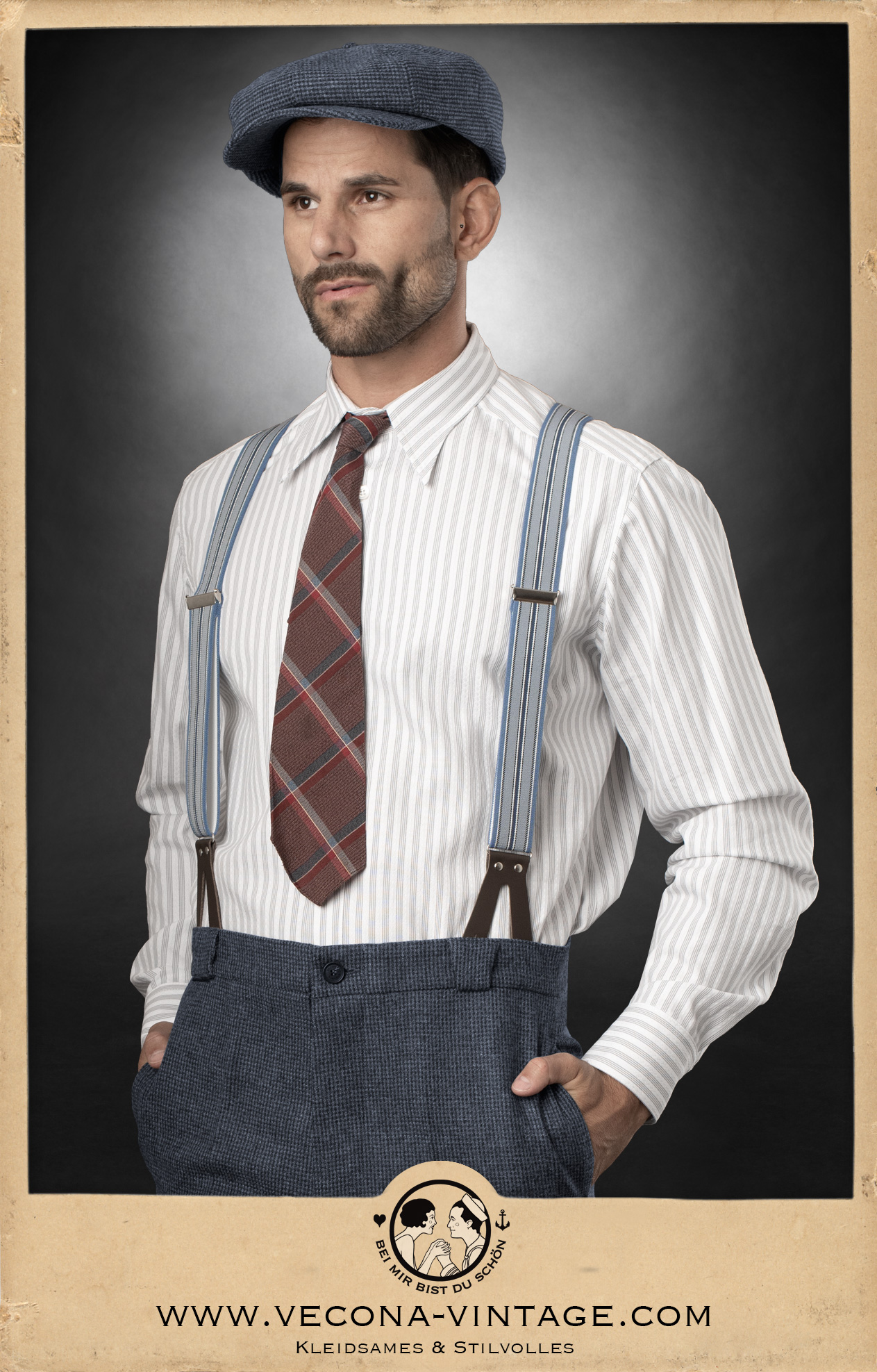 1930s/40s cotton mens shirt A-Train with grey stripes and subtle diamond weave pattern featuring a pointed collar and a half placket with shell buttons.