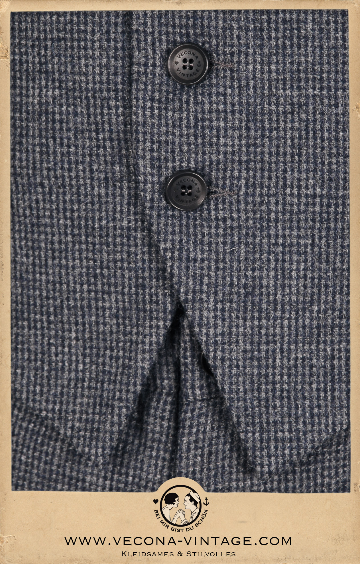 Macro shot of the premium pure new wool tweed in blue-grey houndstooth pattern used for the HICKORY CHAMP waistcoat including Vecona Vintage logo buttons.