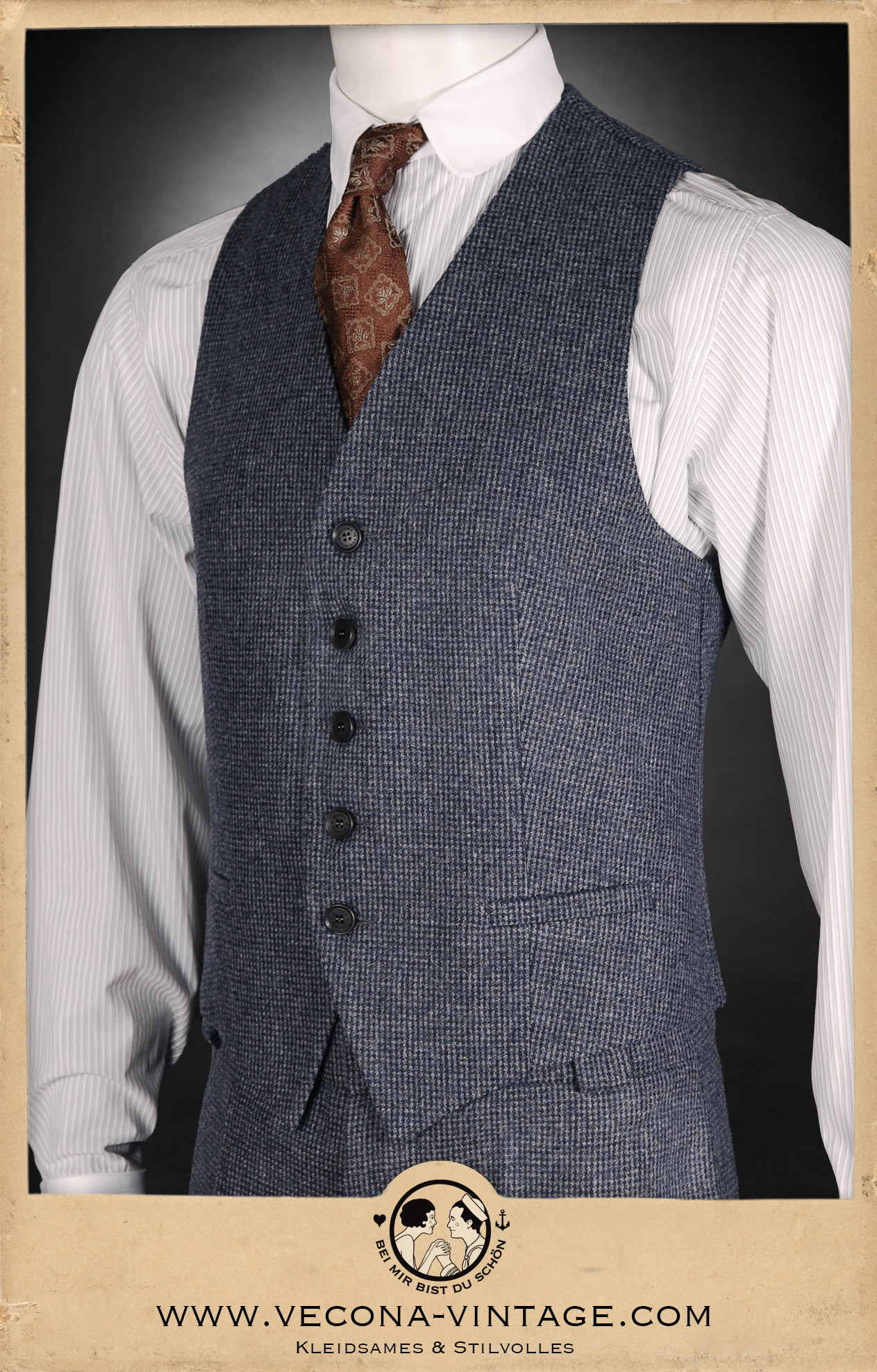 Front view of the HICKORY CHAMP men's tweed waistcoat, 1930s vintage style in blue-grey.