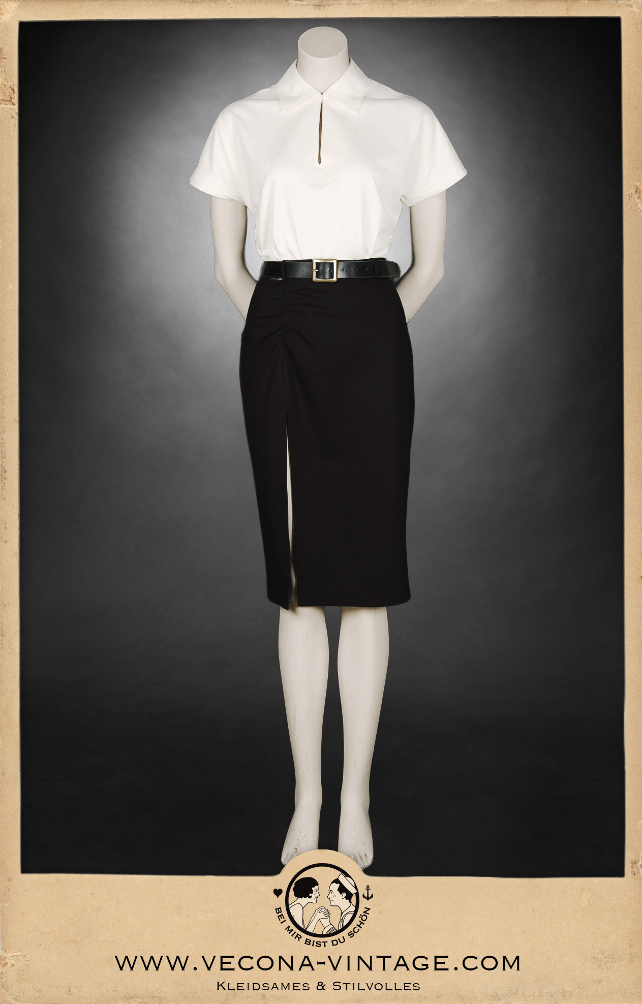 Front view 1930s women’s polo shirt Suzanne in cream with 1940s high waist pencil skirt Apache in black for a classic vintage look with lots of freedom of movement.